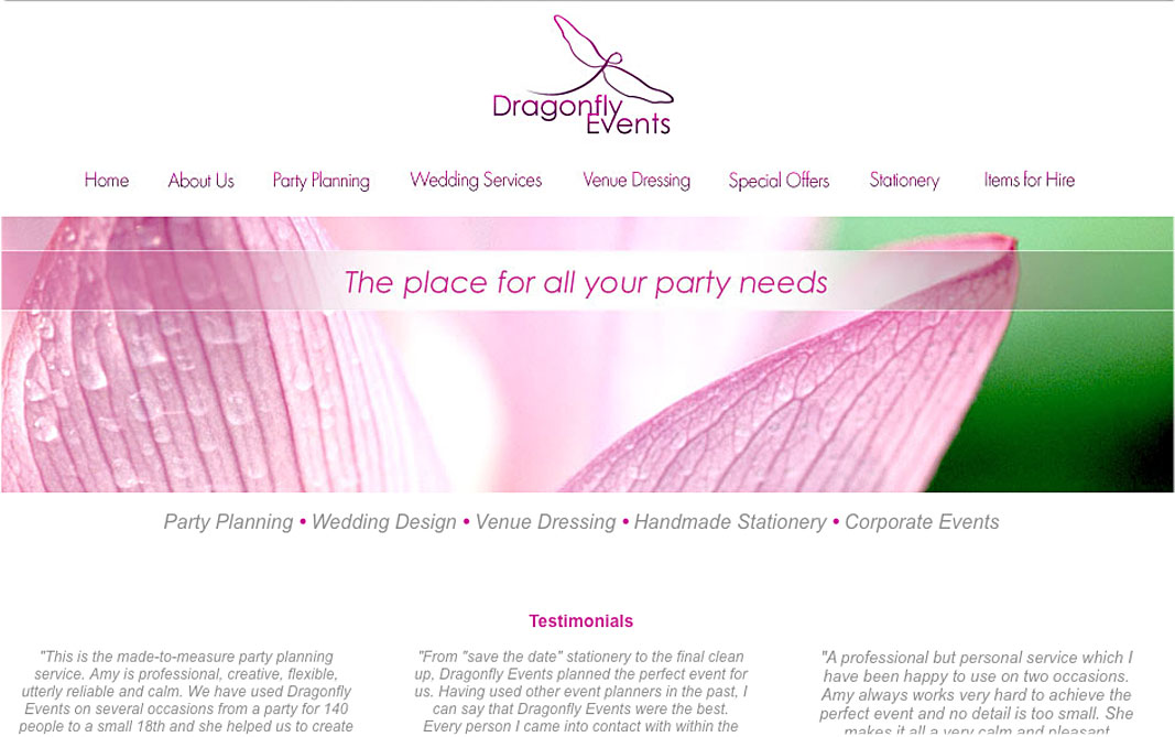 Picture of a website I designed for a company called Dragonfly Events UK